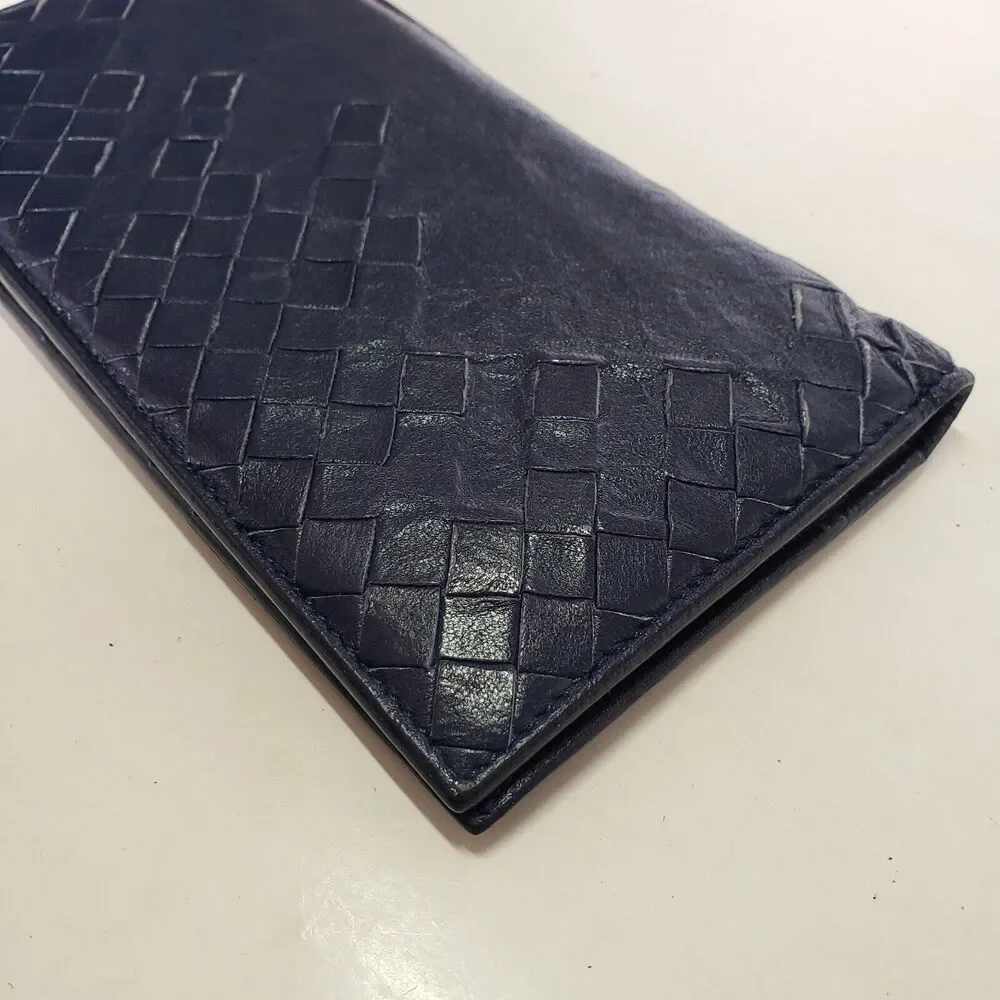 BOTTEGA VENETA Interatiato Woven Blue Leather Bifold Wallet Large Multi‎ Card